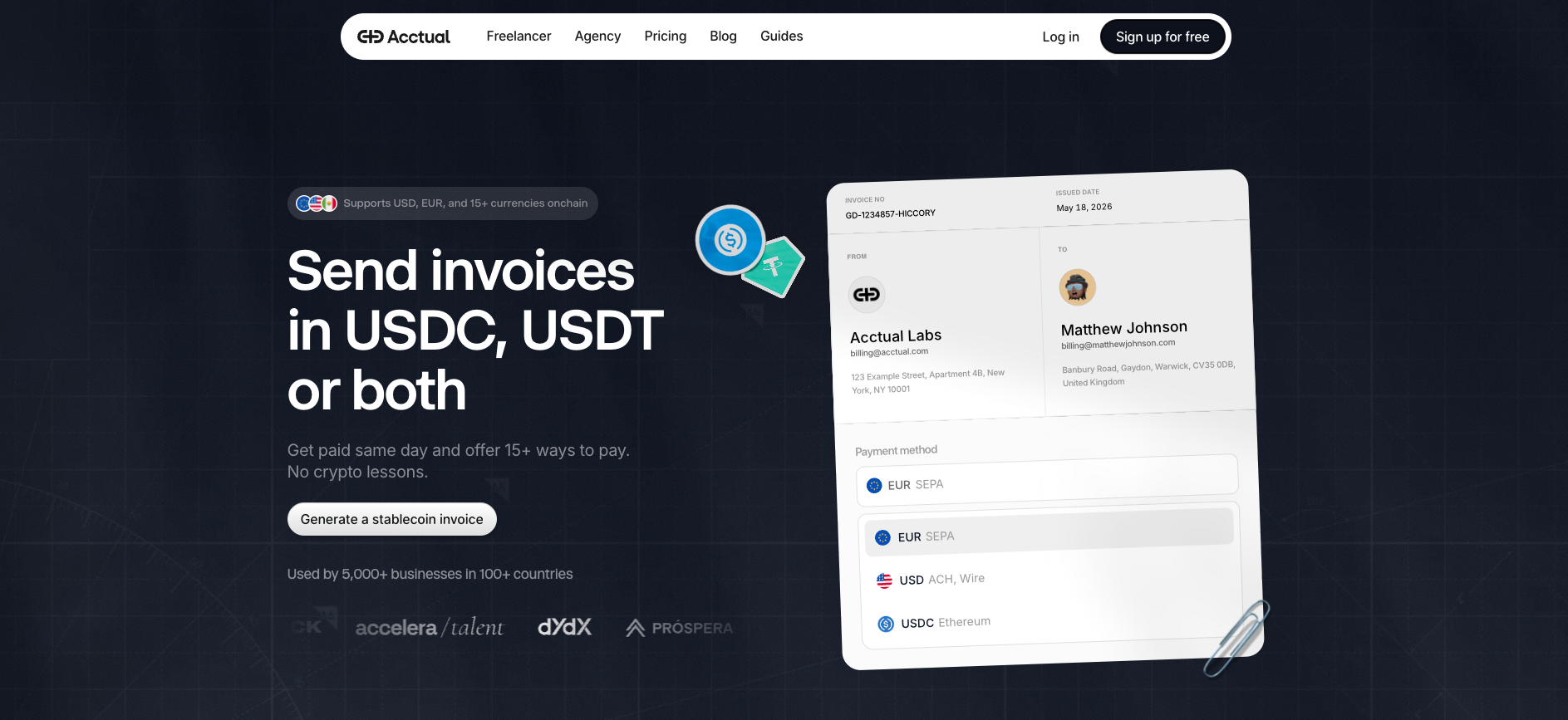 Acctual -  Send invoices  in USDC, USDT  or both
